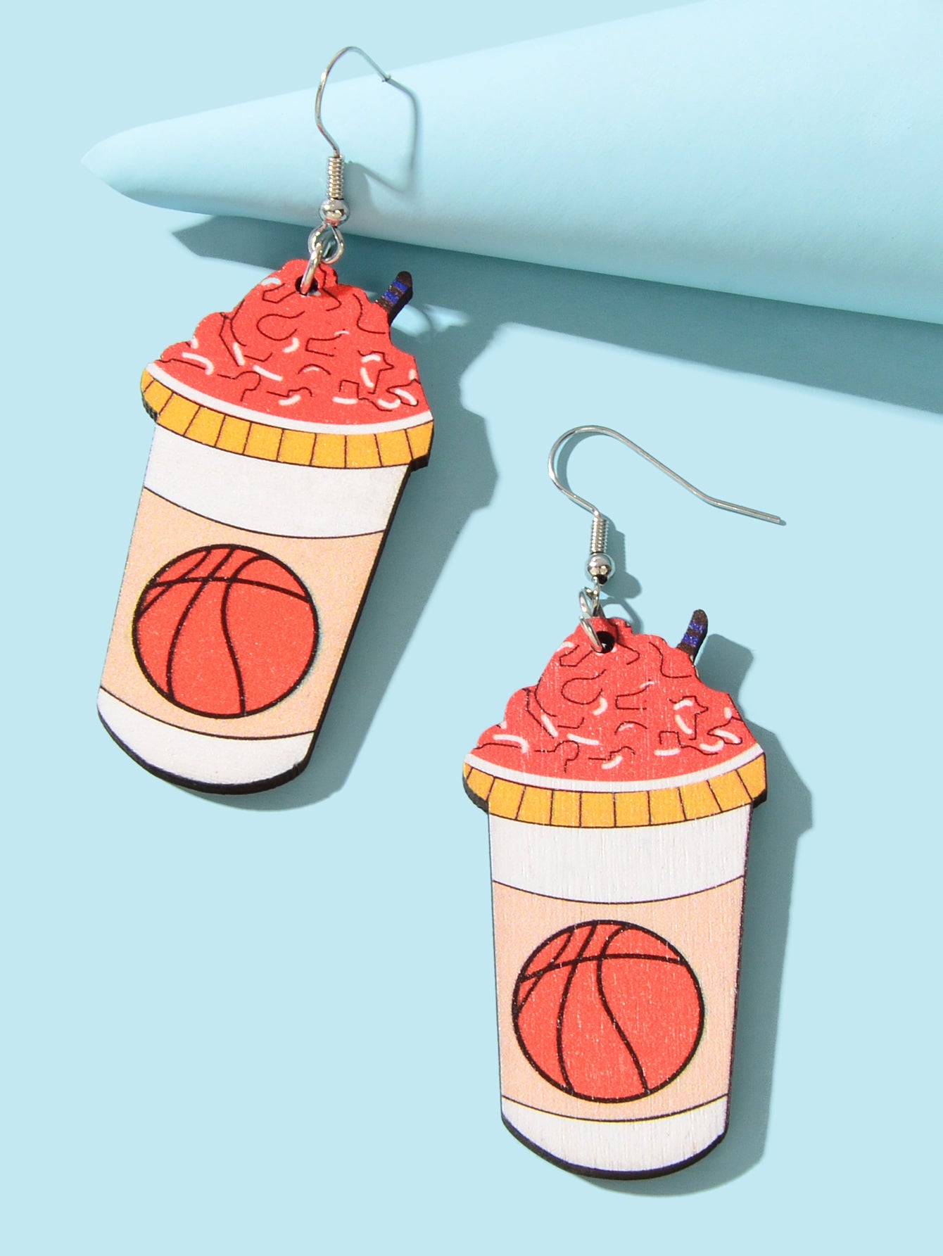 Funny Basketball Pattern Drink Shape Wood Dangle Earrings Sports Jewellery Gifts-2
