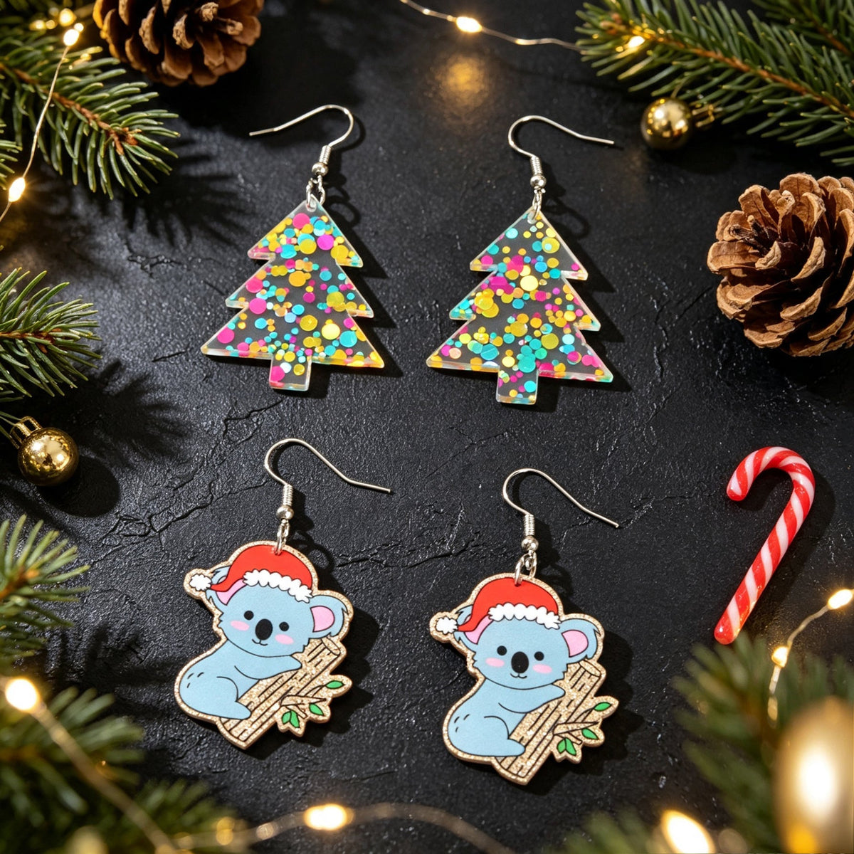 2 pairs Shiny Christmas Tree Cute Koala Earrings set Lovely Christmas Festive Jewelry set-0