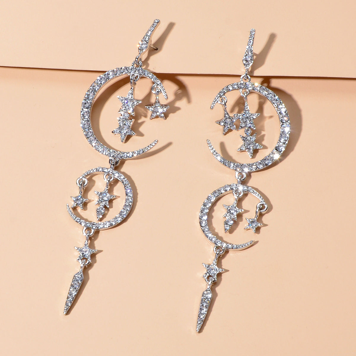Luxurious Jewelry Full Rhinestone Star Moon Chandelier Shining Wedding Earrings-5