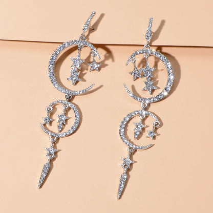 Luxurious Jewelry Full Rhinestone Star Moon Chandelier Shining Wedding Earrings-5