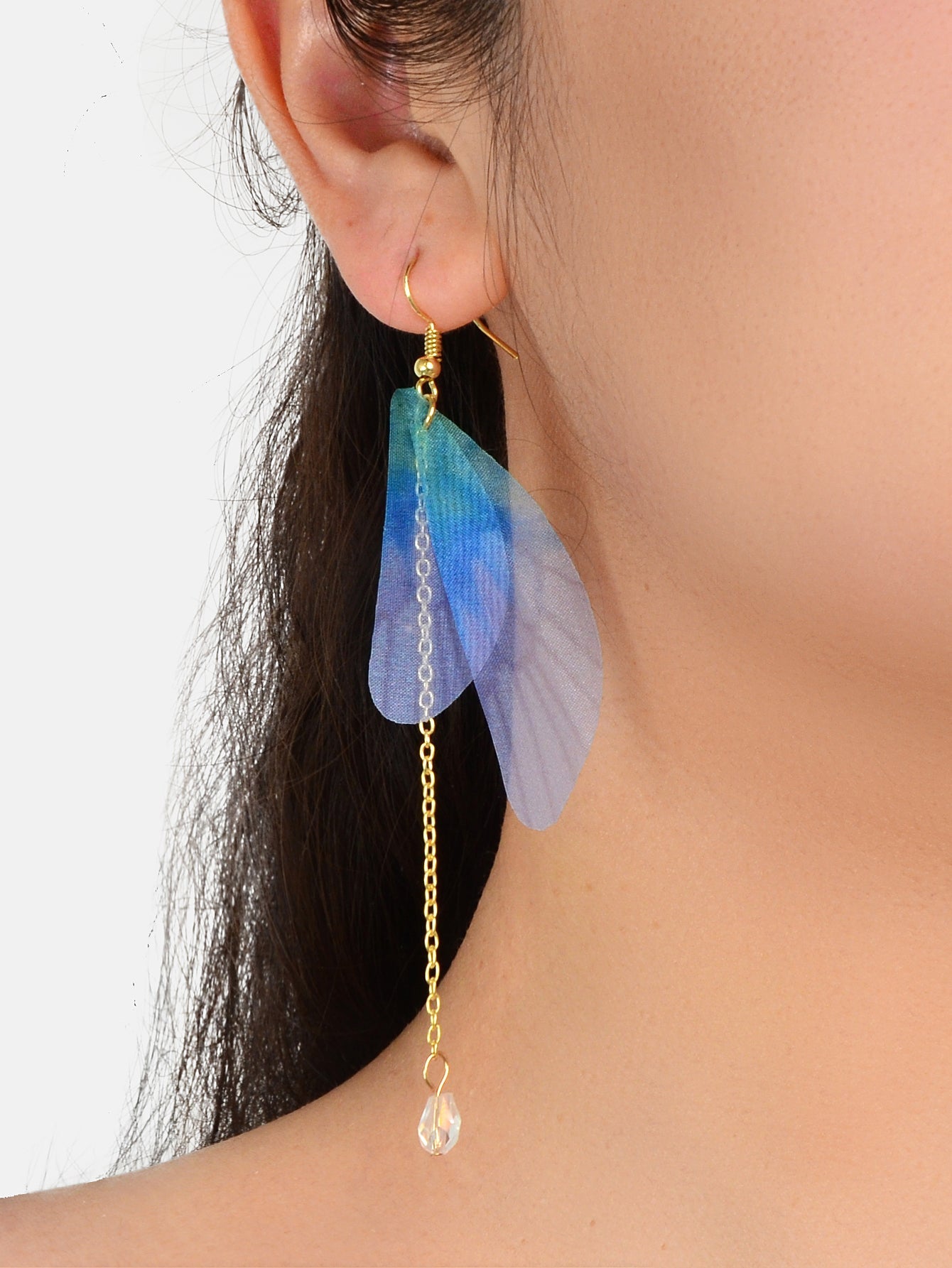 Unique Gold Chain Dangle Blue Transparent Dragonfly Wing Earrings Insect Jewelry-1