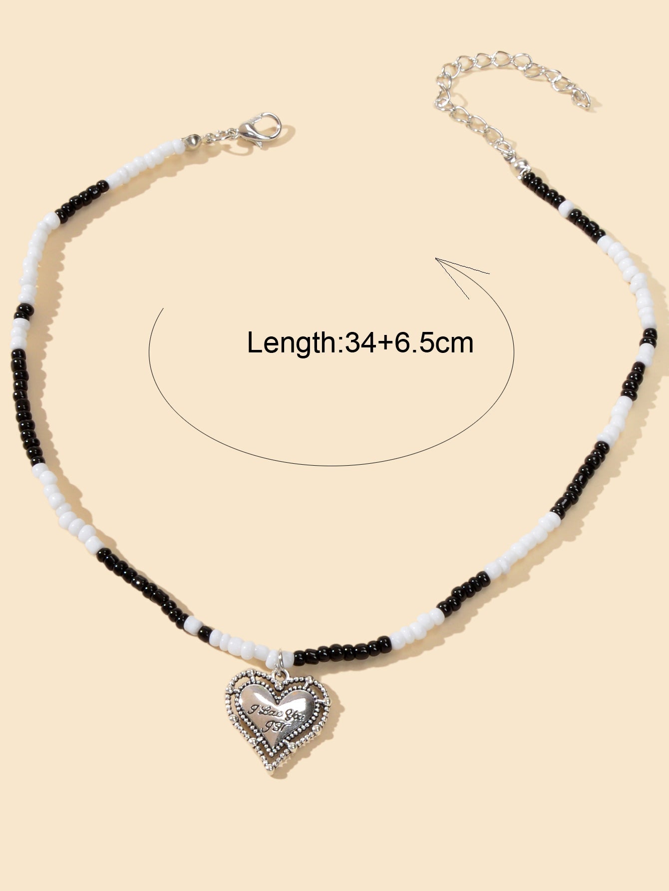 Handmade White Black Beads Chain Silver Letter Pattern Heart Charm Necklace Gift-1