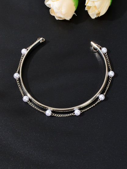 Pearl Beaded Open Cuff Bangle Bracelet Elegant Timeless Accessory Party Jewelry-2