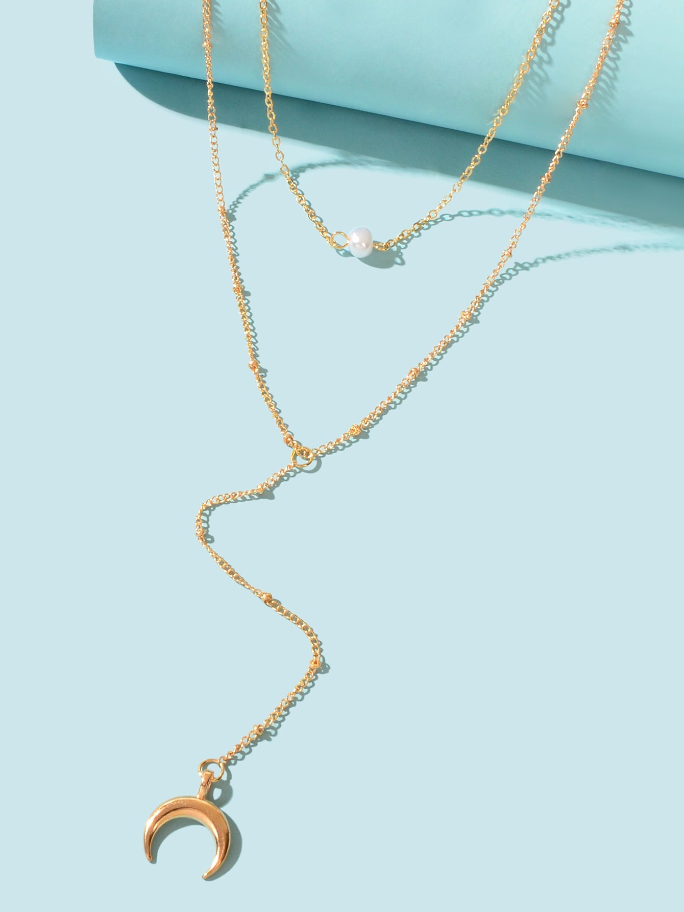 Fashion Jewellery Double layer Gold Chain Lariat Y Style Moon Pendant Necklace-2