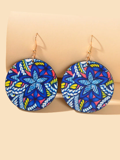 Vacation Jewellery Bohemia Chic Style Blue Flower Pattern Acrylic Round Earrings-1