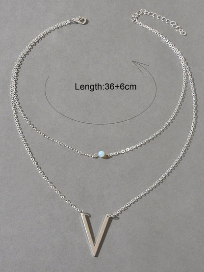 Double layer Gold Chain Letter V Shape Geometric Pendant Necklace Jewellery Gift-5