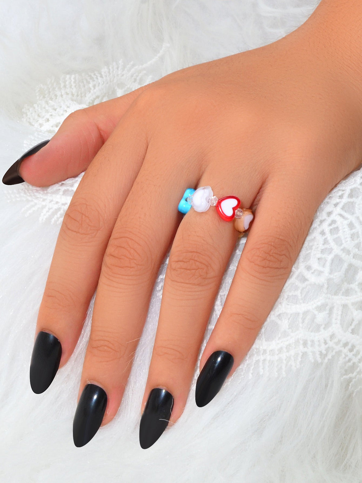 Random Color Women Girls Dainty Gifts Colorful Resin Heart Elastic Finger Ring-1