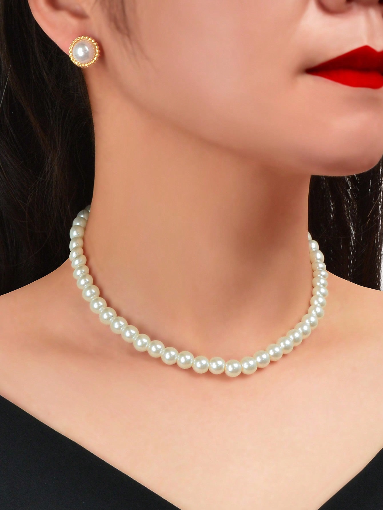 White Pearl Necklace with Large Pearl Earrings Elegant Jewellery Set Party Gift-1