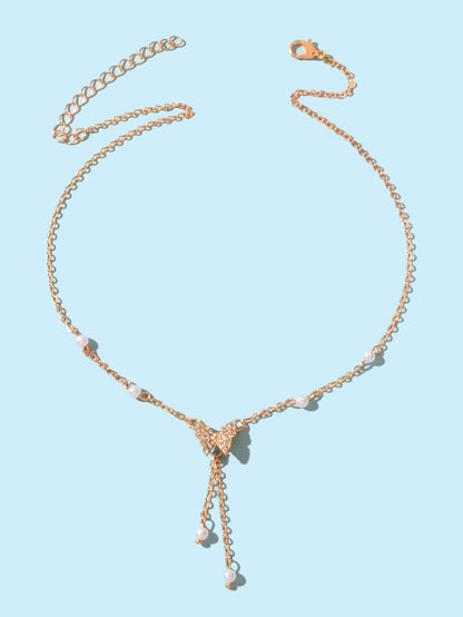 Personalized Gold Plated Dainty Buttefly Lariat Y-Shaped Necklace Pearl Jewelry-1