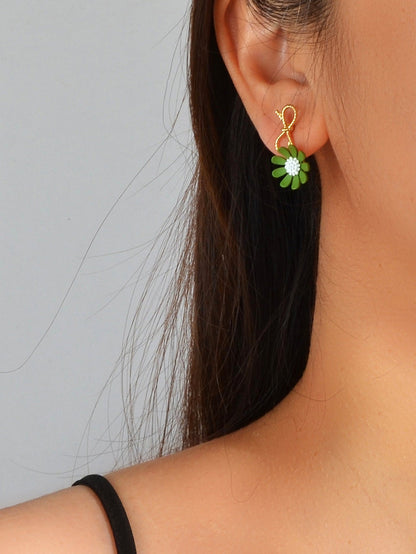 Dainty Gift Women Bow White Green Flower Asymmetric Hypoallergenic Stud Earrings-1