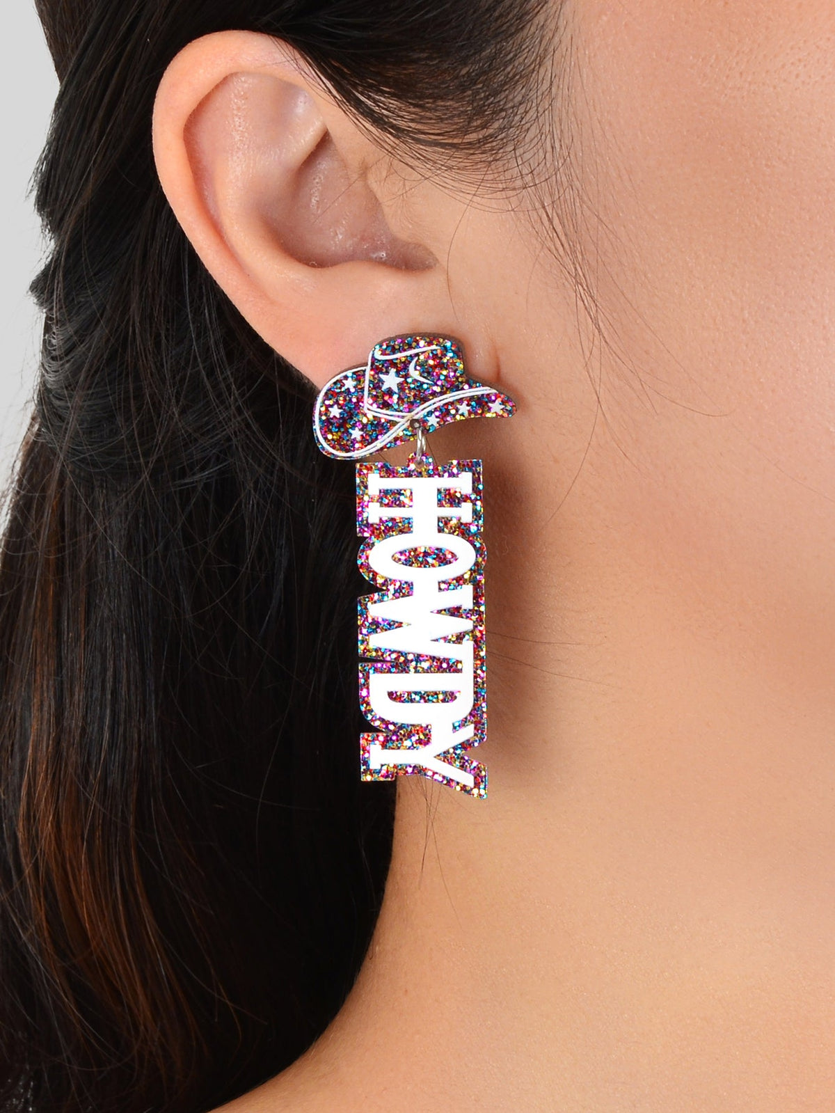 Designer Stylish Colorful Sequin Cowboy Hat Howdy Letter Acrylic Dangle Earrings-1