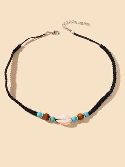 Ethnic Black Rope Handmade Turquoise Beads Shell Collar Necklace African Jewelry-1