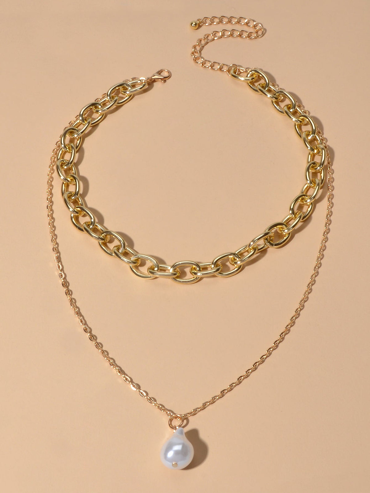 Double Layer Gold Chunky Chains Pearl Charm Women Necklace Good Quality Jewelry-1