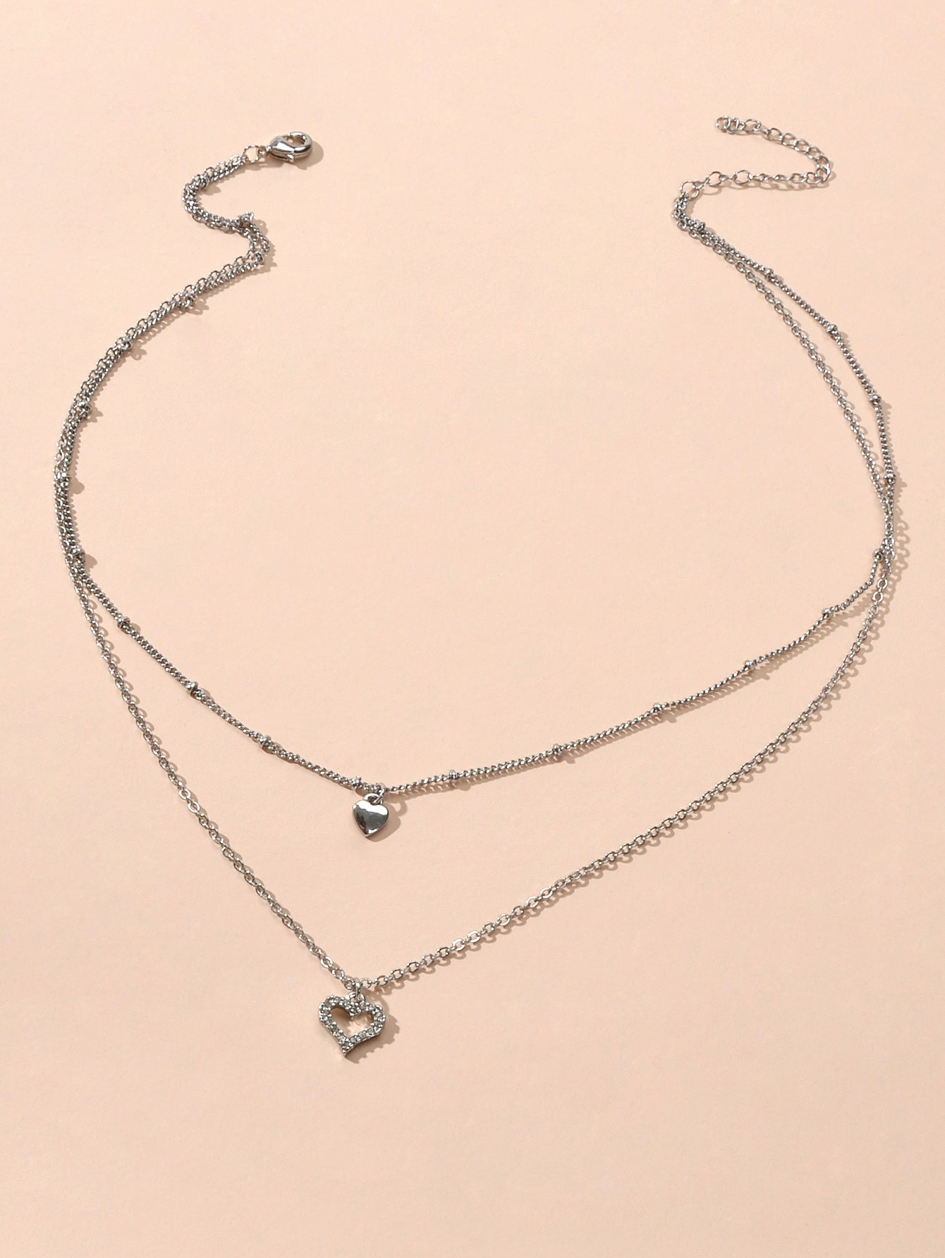 Trendy Jewelry Silver Double layer Chain Rhinestone Heart Pendant Women Necklace-1