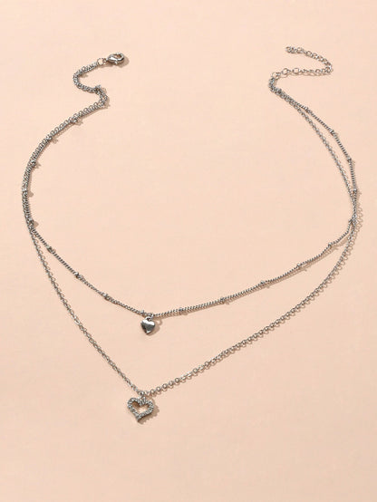 Trendy Jewelry Silver Double layer Chain Rhinestone Heart Pendant Women Necklace-1