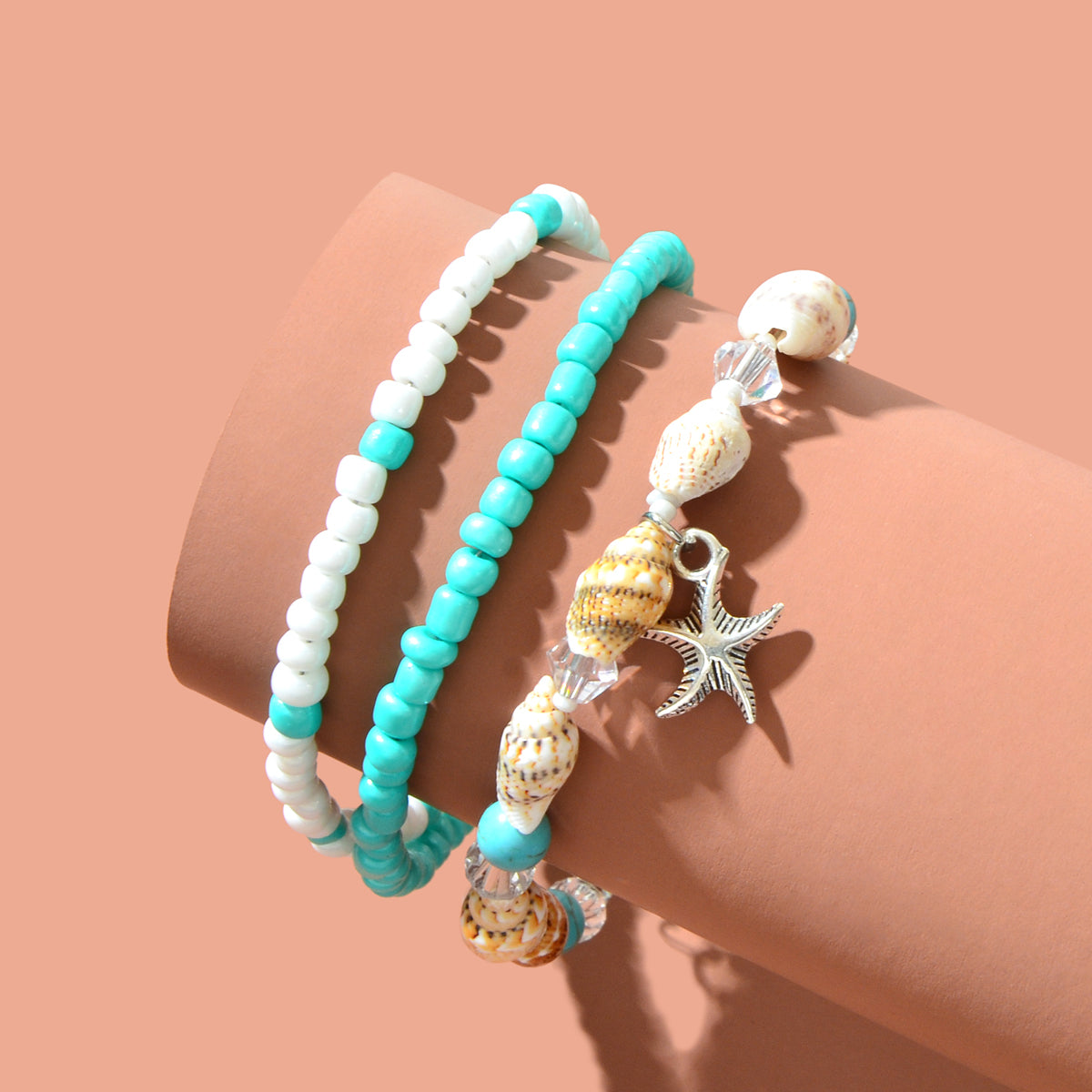 Bohemian Handmade Seed Beads Layered Shell Starfish Charm Anklets Set Holiday-1