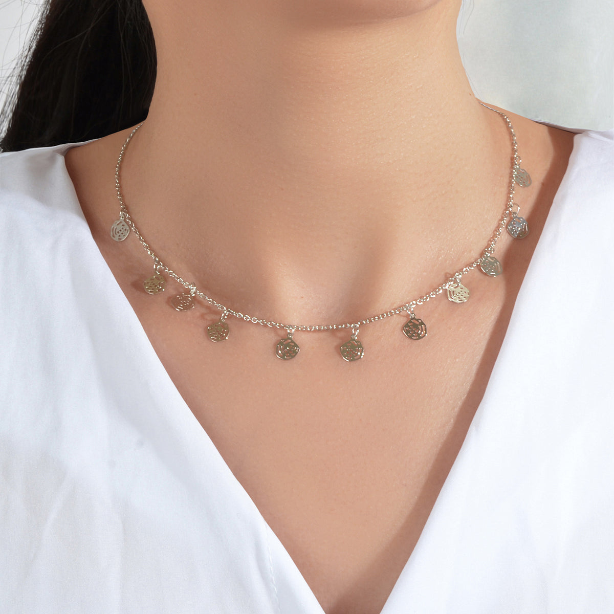 Minimalist Gold Silver Rose Flower Charm Necklace Disc Pendant Jewellery Collar-0