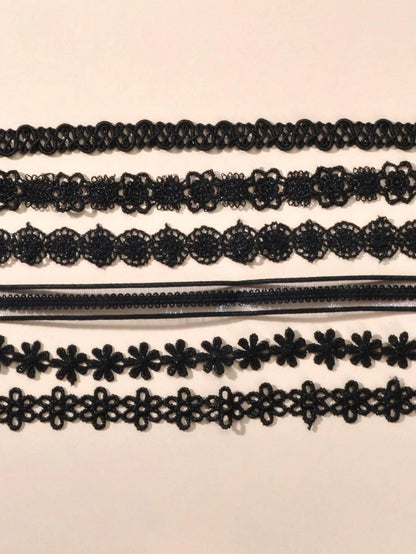 6 pcs 90s Black Lace Flower Retro Tattoo Choker Set Necklaces Punk Gothic Collar-2
