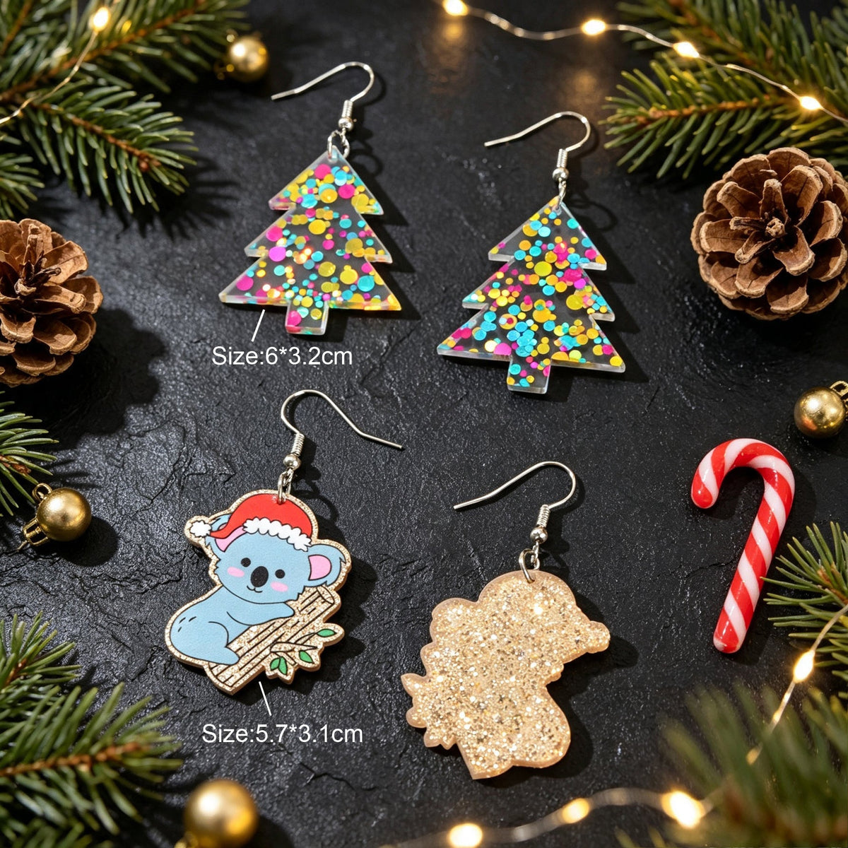2 pairs Shiny Christmas Tree Cute Koala Earrings set Lovely Christmas Festive Jewelry set-3