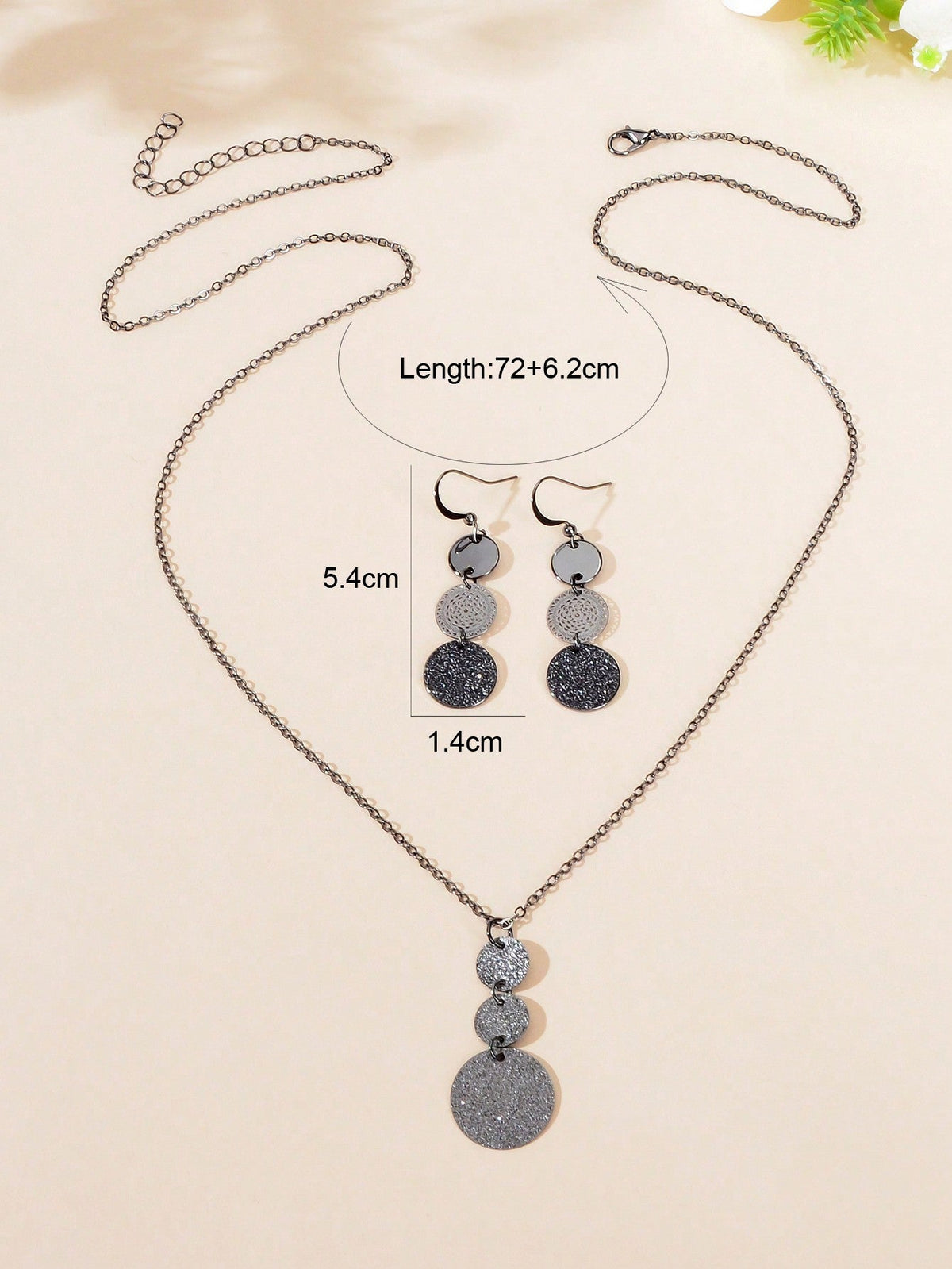 Long Chain Necklace with Black Circular Pendant Earrings Set - Stylish Accessory-2