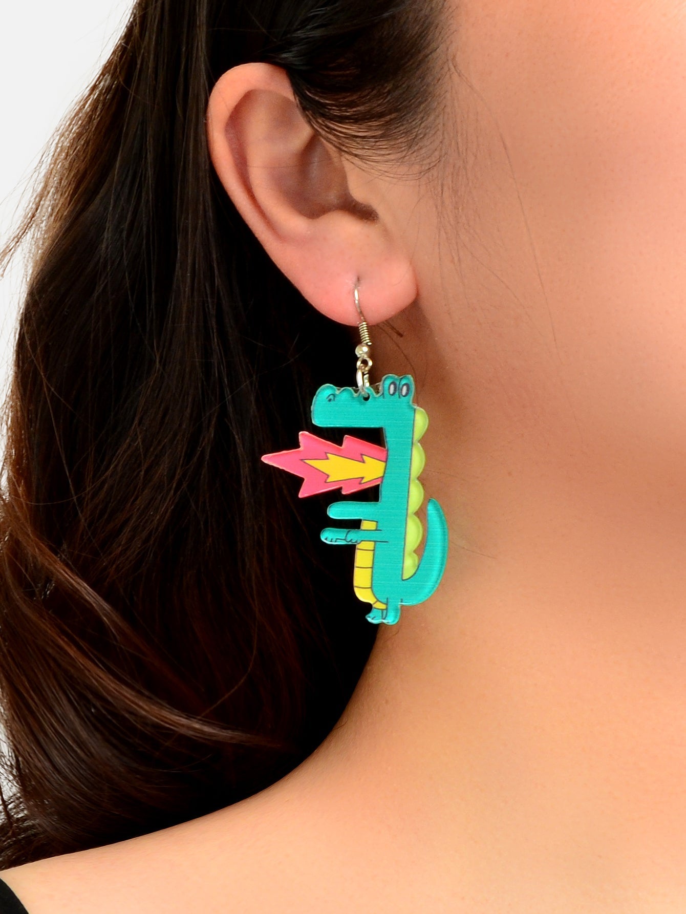 Spurt Fire Green Acrylic Dinosaur Dangle Earrings Cartoon Design Accessories-1