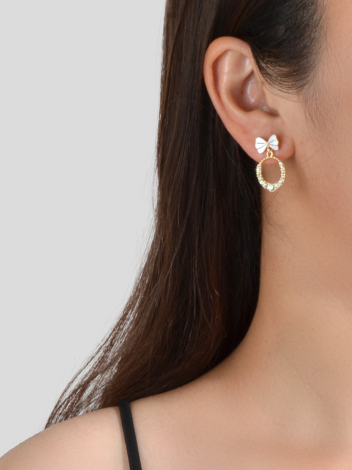 Women Teen Girls White Enamel Bow Rhinestone Circle Stud Lightweight Earrings-1