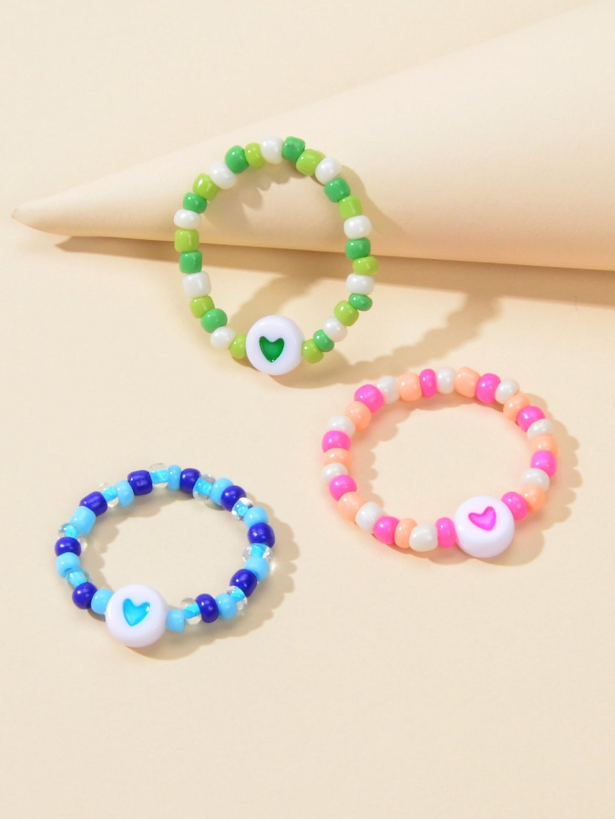 3pcs Colorful Bead Elastic Heart Pattern Multiple Stackable Midi Finger Ring Set-1