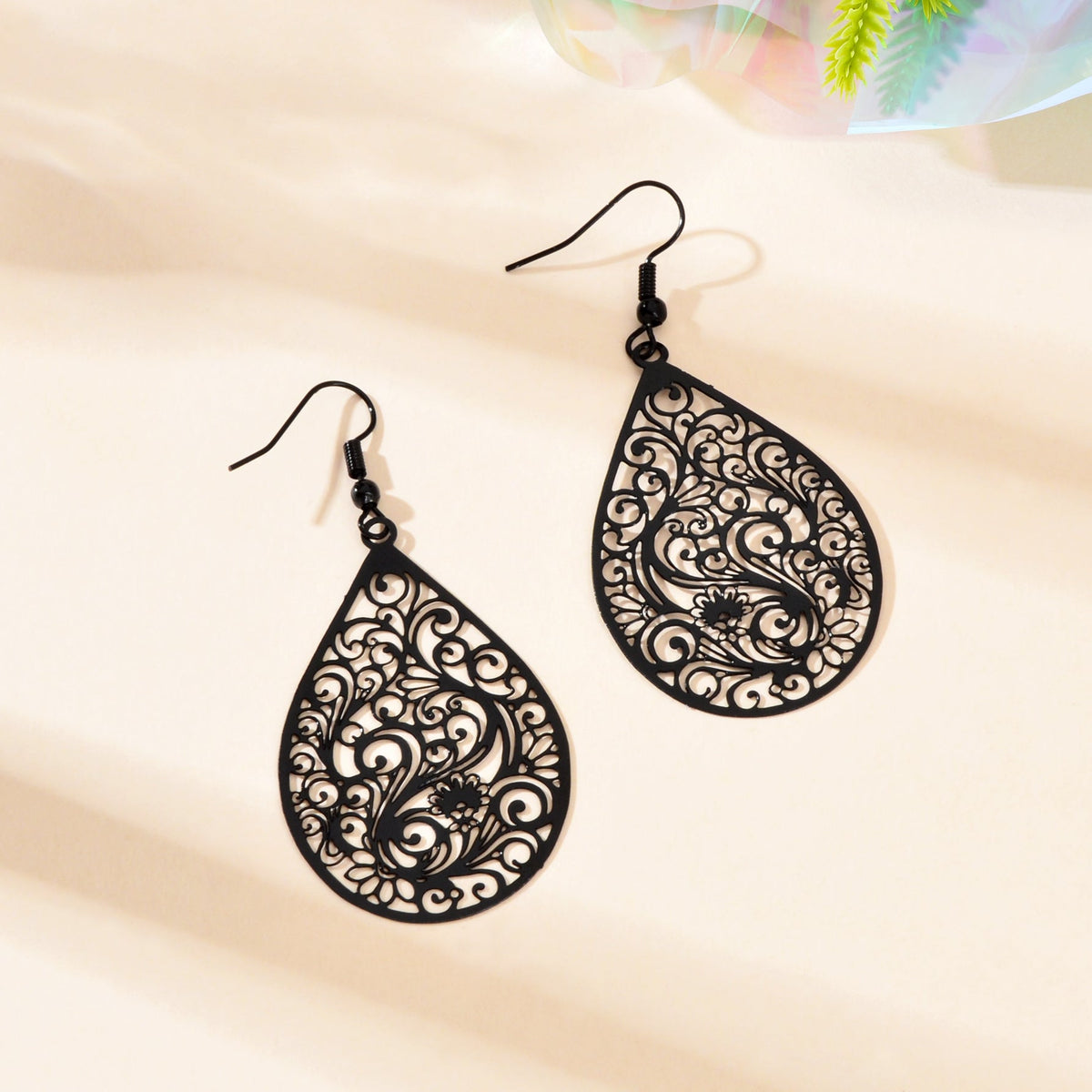 Retro Hollow Black Flower Pattern Water Drop Earrings Party Daily Prom Jewelry-4