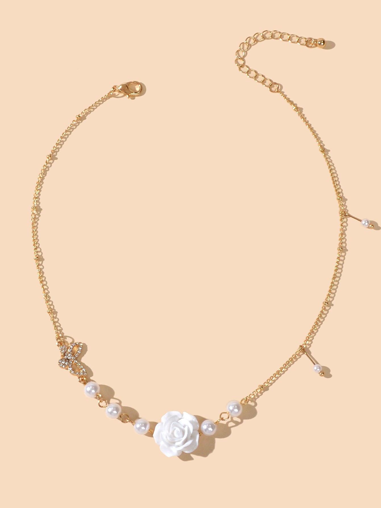 Luxurious Gold Chain Rhinestone Pearl Butterfly White Flower Collar Necklace-1