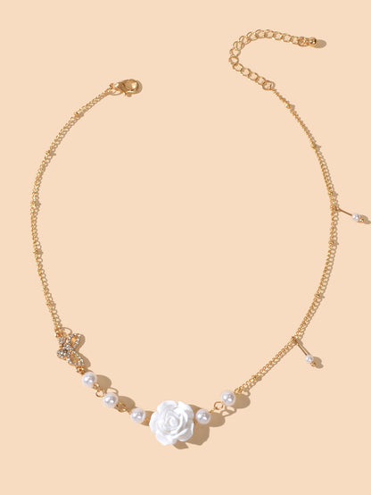 Luxurious Gold Chain Rhinestone Pearl Butterfly White Flower Collar Necklace-1