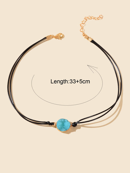Boho Chic 90s Round Resin Black Pu Leather Grunge Collar Tattoo Choker Necklace-1