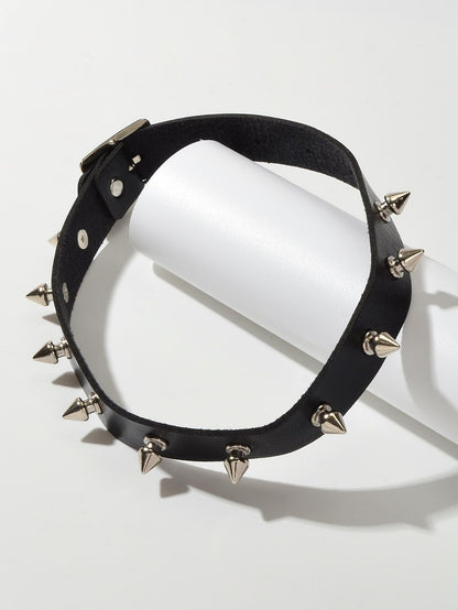 Have one to sell? Sell it yourself Punk Rock Spike Decor Black Pu Leather Belt Design Adjustable Choker Necklace-1