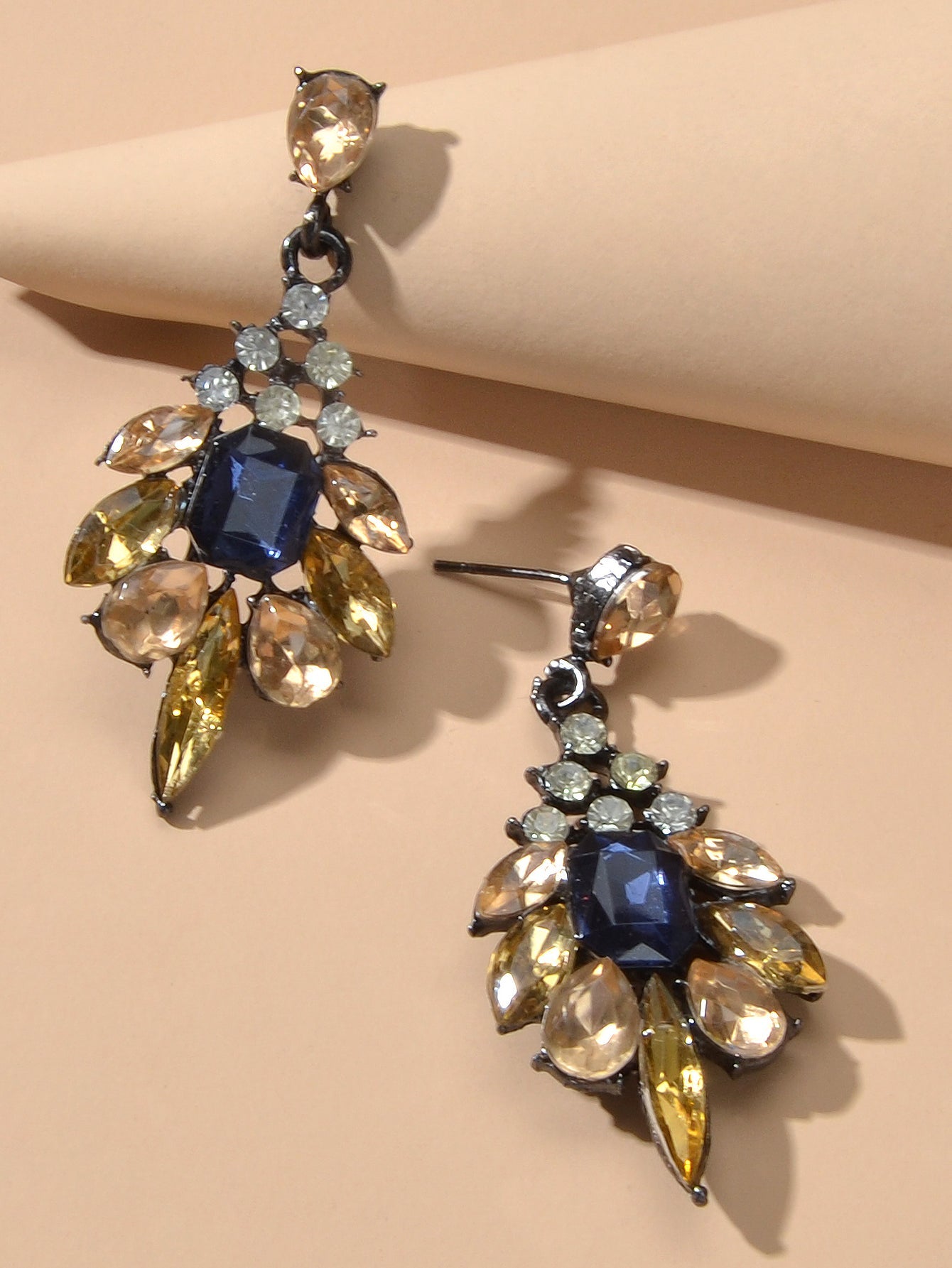 Luxurious Blue Champagne Crystal Flower Wedding Dangle Chunky Chandelier Earring-1