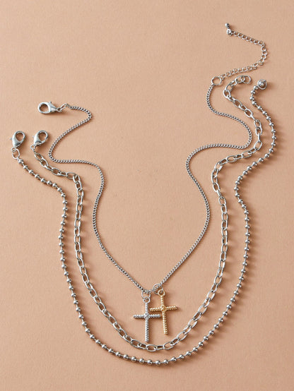 3pcs Punk Jewelry Silver Popcorn Chain Cross Charm Statement Necklace for Women-1