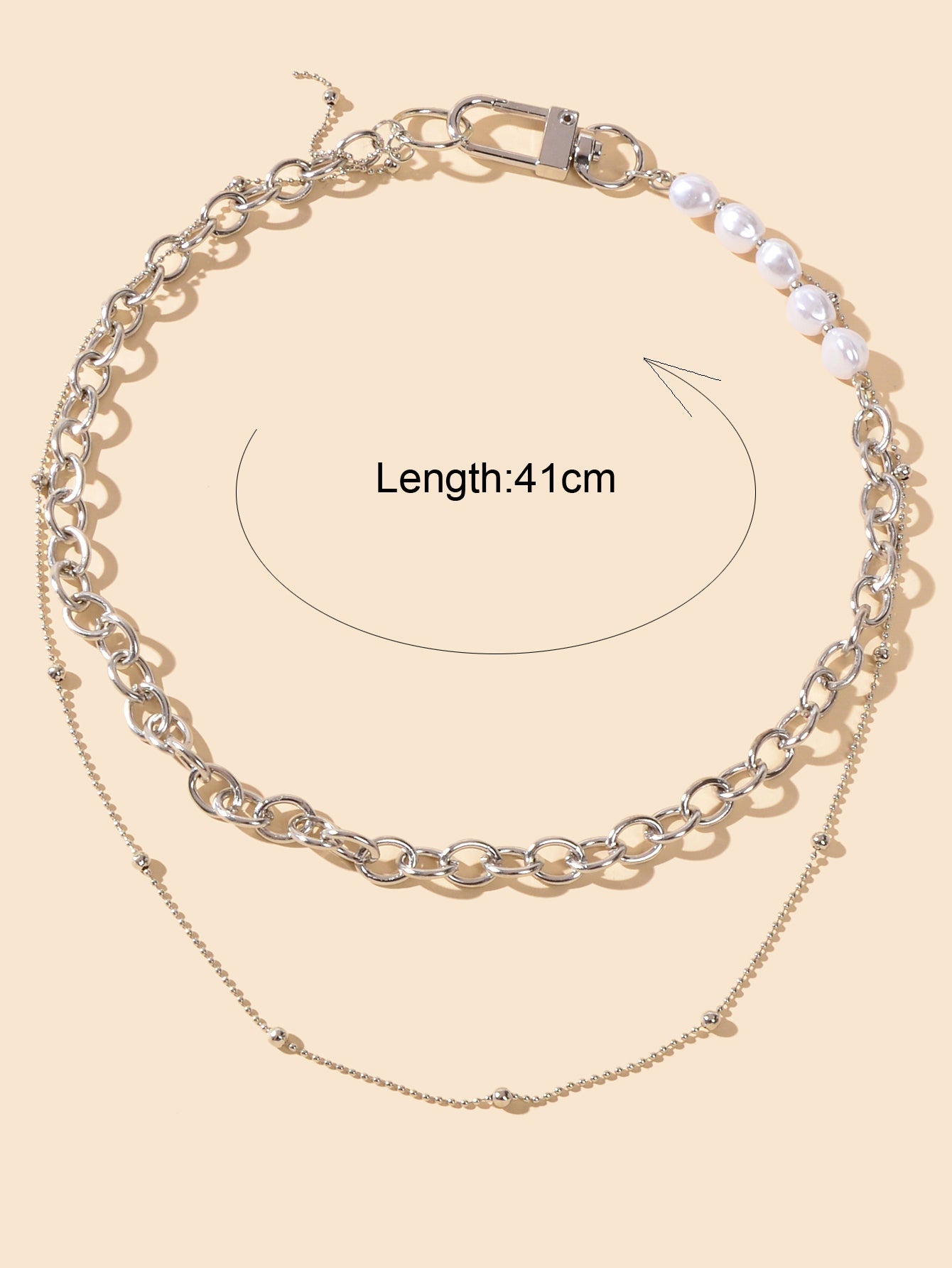 Statement Retro Style Pearl Decor Double layer Silver Chain Lock Design Necklace-1