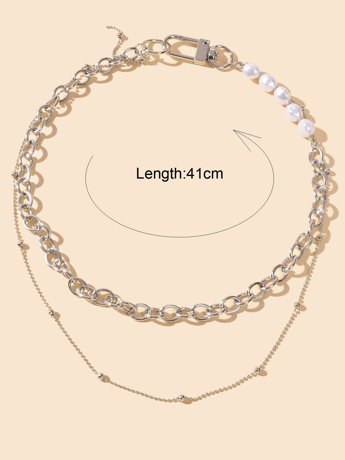 Statement Retro Style Pearl Decor Double layer Silver Chain Lock Design Necklace-1