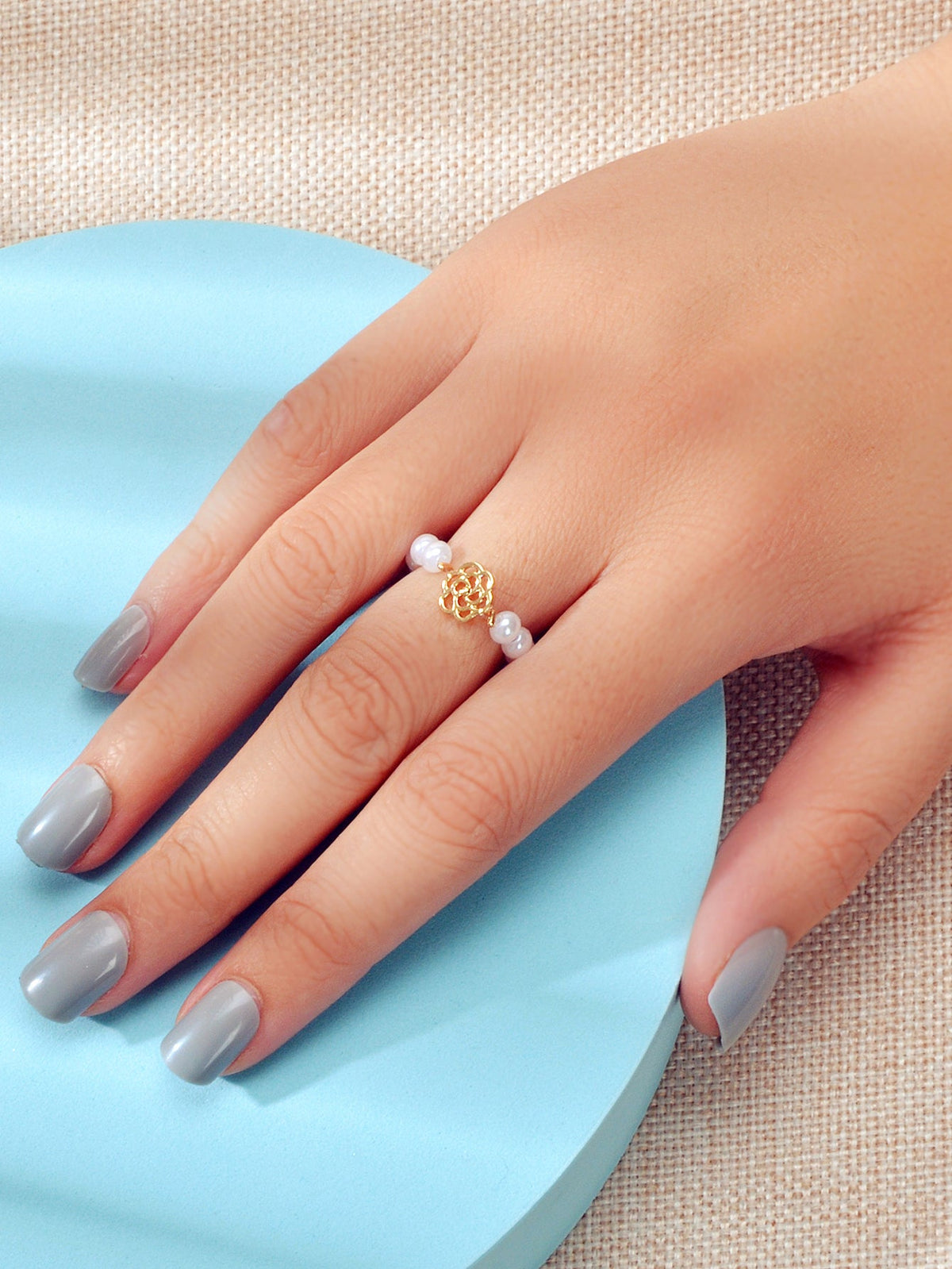 Perfect Elastic Pearl Gold Flower Finger Ring Wedding Engagement Gift Jewellery-1