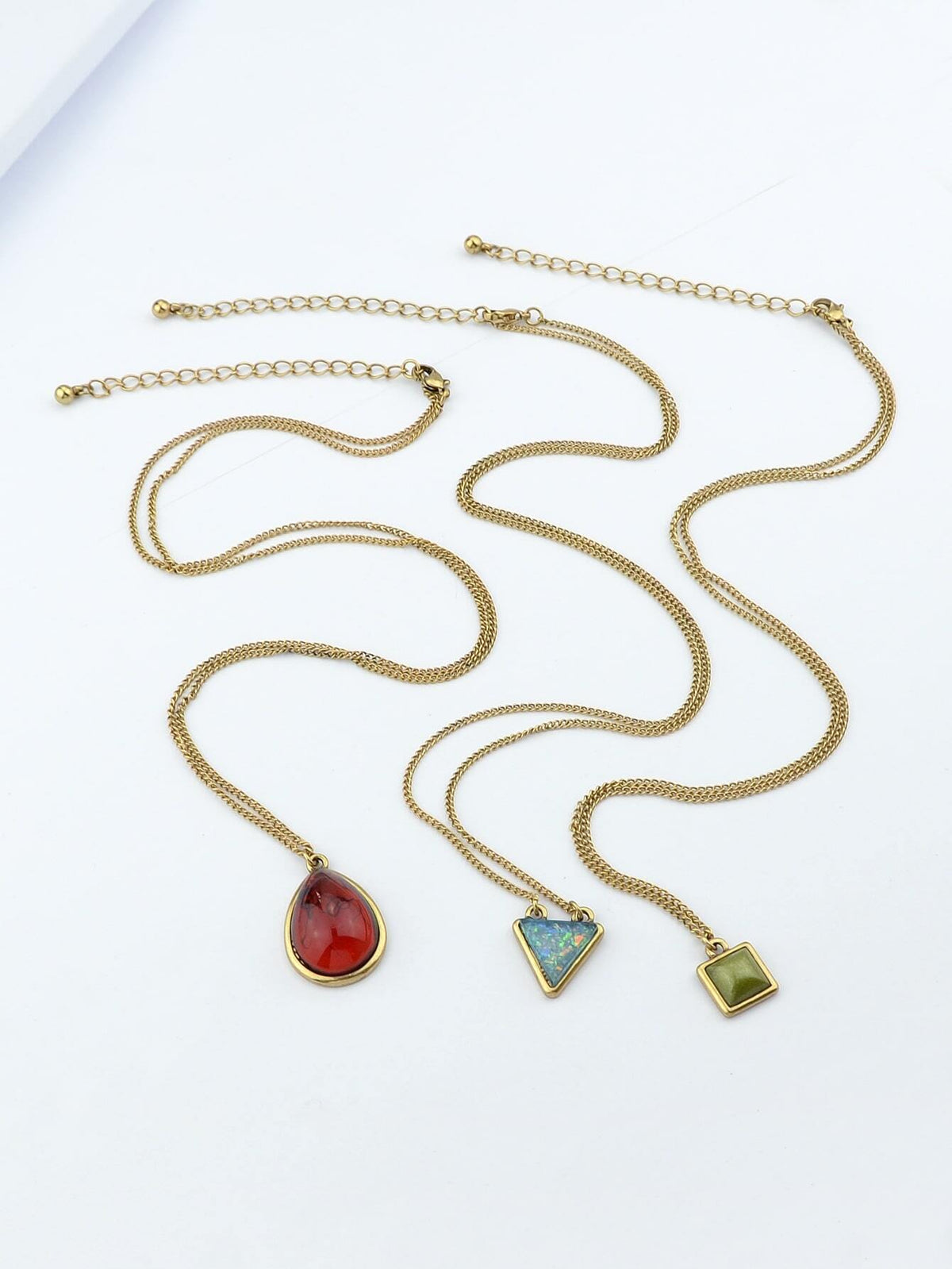 Bohemian Jewelry 3pcs Gold Chain Resin Square Triangle Water Drop Charm Necklace-0