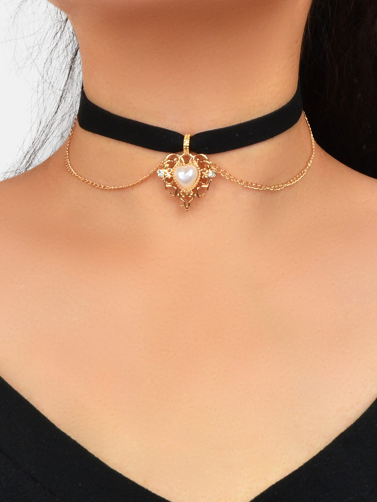 90s Gold Chain Heart Charm Black Retro Tattoo Choker Necklace Teen Grunge Collar-0