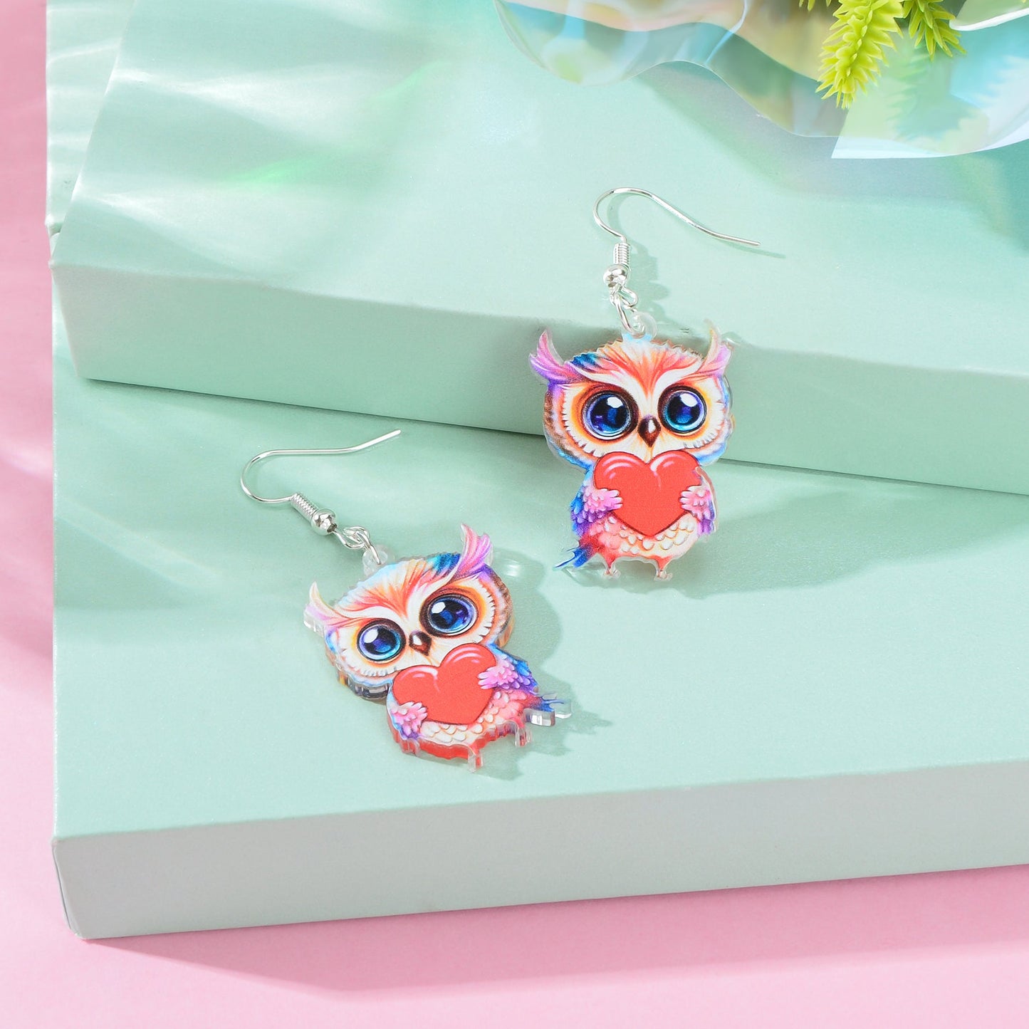 Lovely Animal Colorful Acrylic Heart Owl Dangle Earrings for Women Party Holiday Jewelry-3