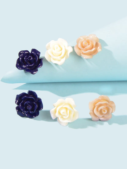 3pairs Colorful Resin Rose Flower Earrings Ear Stud Piercing Cartilage Jewellery-1