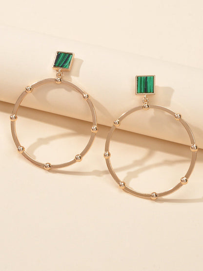 Trendy Jewellery Green Squre Decor Gold Circle Statement Dangle Party Earrings-1