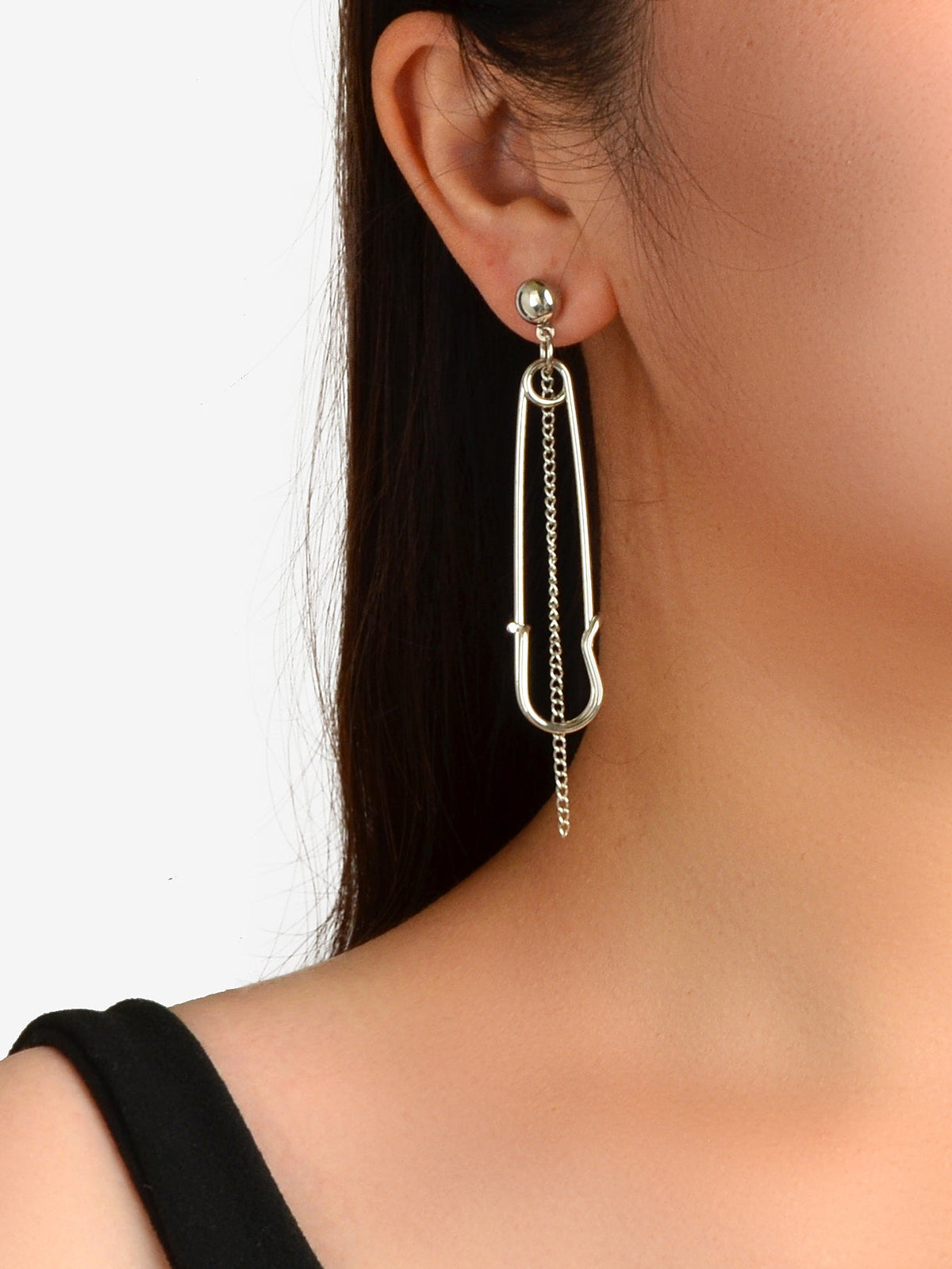 Asymmetric Punk Hip Hop Gold Silver Chain Pin Shape Hoop Stud Statement Earrings-1