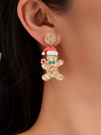 Christmas Gift Sparkling Acrylic Gingerbread Man with Candy Cane Dangle Earrings-1