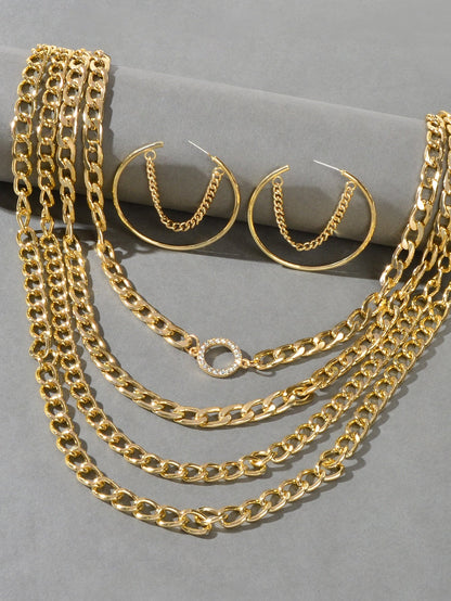 Gold Multi-Layer Chunky Chain Necklace with Tassel Earrings Statement Jewelry Set-2