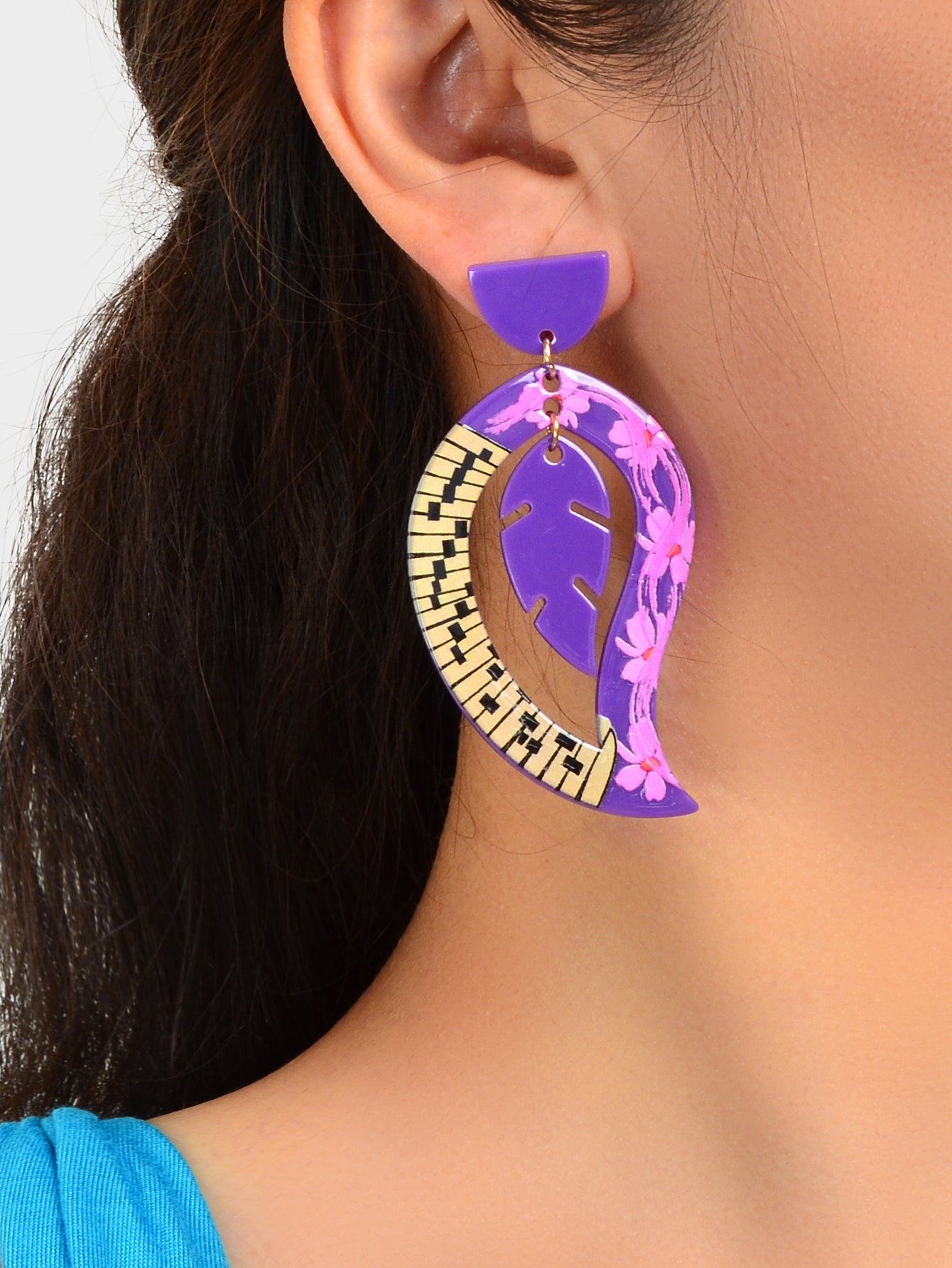Purple Acrylic Feather Shape Earrings Statement Jewelry Party Costume Accessory-1