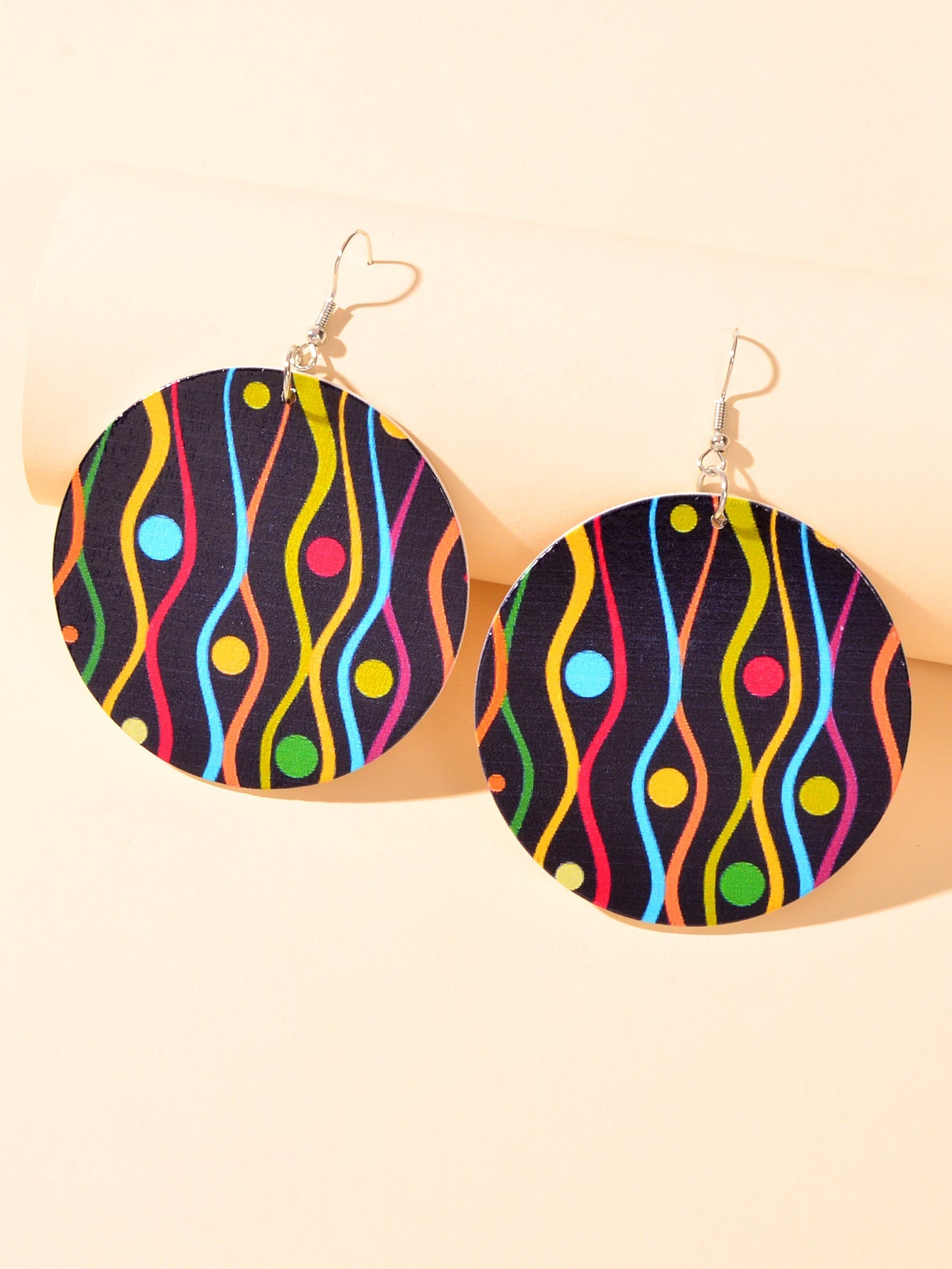 Stunning Woman's Wooden Bohemian Colourful Round Dangle Funky Statement Earrings-1