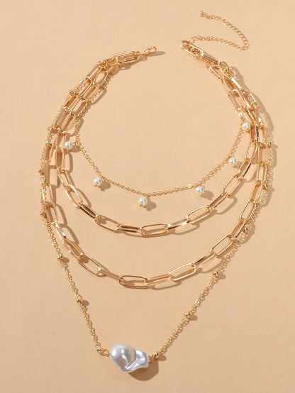 Statement Pearl Charm Multi-layer Gold Chunky Collar Necklace Party Decoration-1