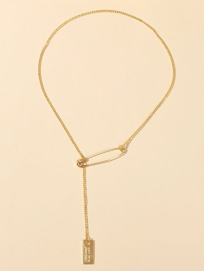 Punk Hip Hop Goth Style Gold Silver Chain Pin Square Pendant Y Lariat Necklace-5