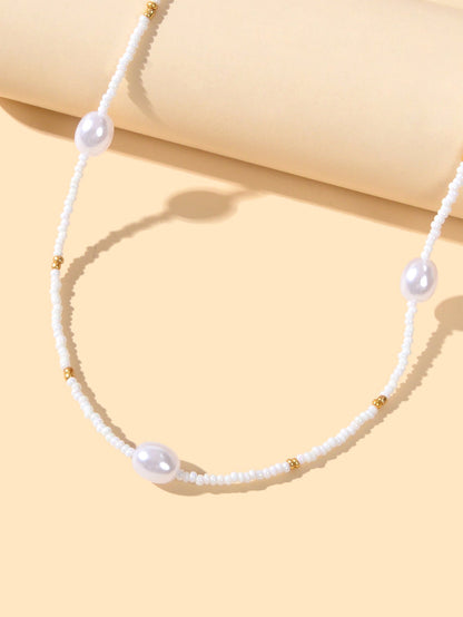 Bohemian Jewellery Handmade White Black Beads Pearl Short Choker Ethnic Necklace-1